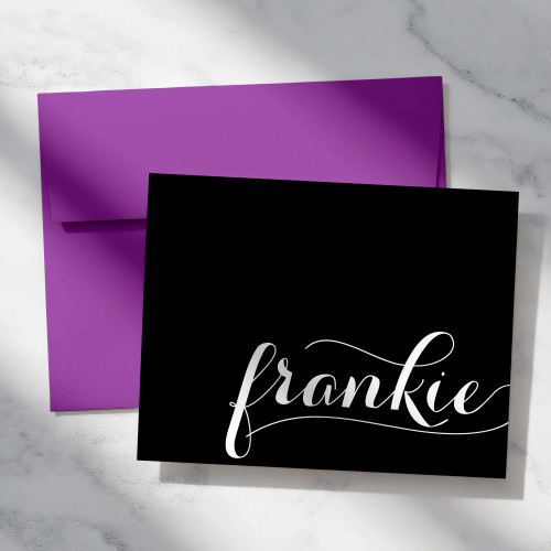 This personalized calligraphy folded notecard features your custom name in a bold script.
